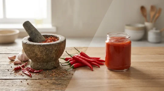 Comparaison visuelle entre harissa artisanale et industrielle avec piments rouges frais