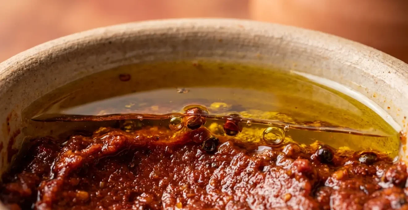 Pot de harissa artisanale recouvert d'une couche d'huile d'olive dorée