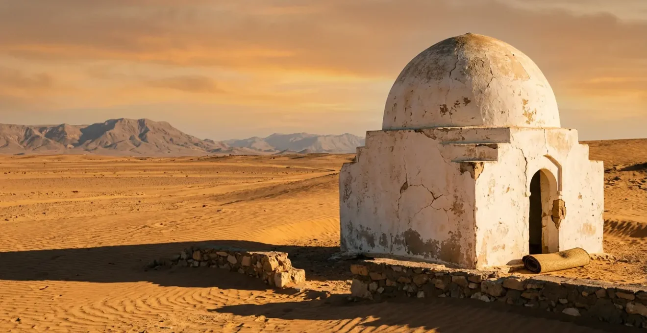 Marabout traditionnel blanc isolé dans le paysage désertique au coucher du soleil
