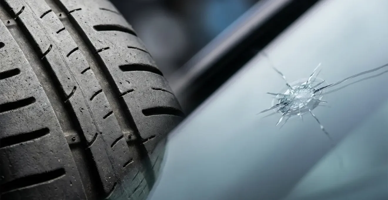 Inspection détaillée d'un pneu et d'un pare-brise de voiture