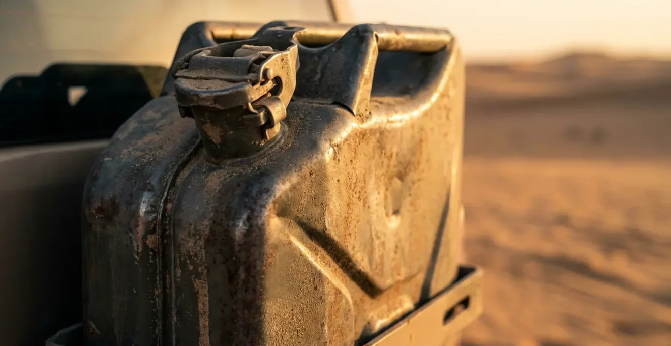 Jerrican de carburant sécurisé fixé sur un véhicule 4x4 dans le désert