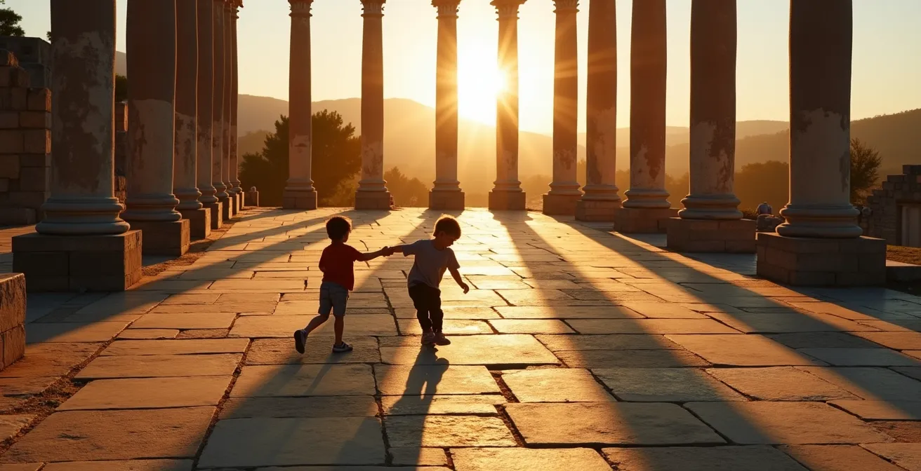 Silhouettes d'enfants jouant avec les ombres allongées des colonnes romaines au soleil couchant
