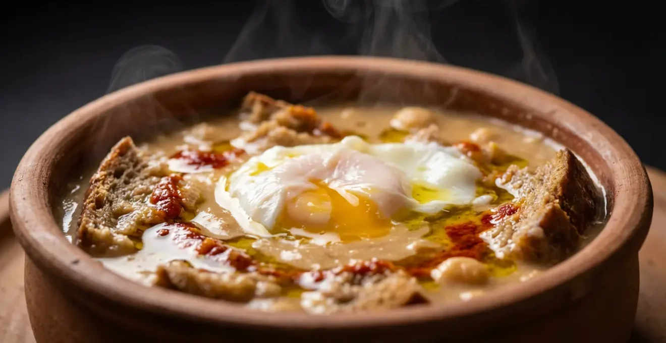 Bol de Lablabi tunisien garni d'un œuf poché, harissa et huile d'olive dans un cadre authentique