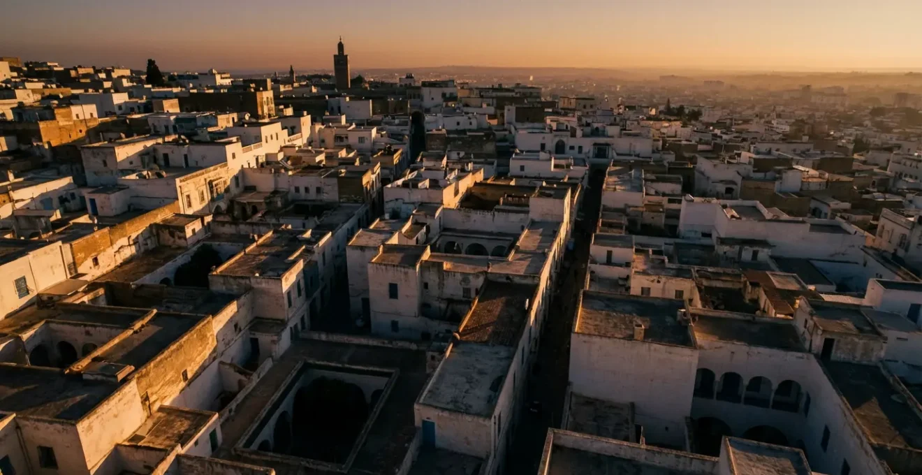 Vue aérienne des ruelles sinueuses de la Médina de Tunis baignées de lumière dorée