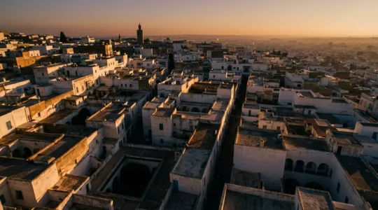 Vue aérienne des ruelles sinueuses de la Médina de Tunis baignées de lumière dorée