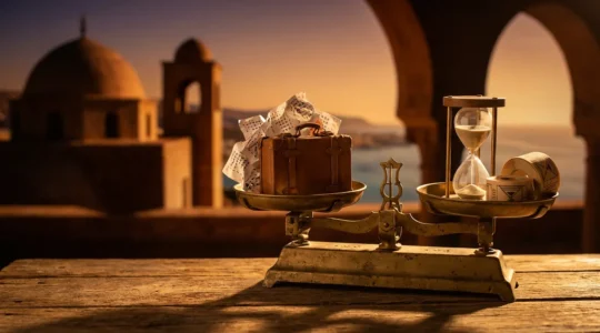 Voyageurs comparant des offres de voyage pour la Tunisie avec une balance symbolique entre réservation anticipée et dernière minute