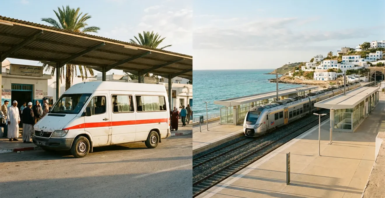 Comparaison visuelle entre un louage collectif blanc à bande rouge et un train de la SNCFT sur fond de paysage tunisien côtier