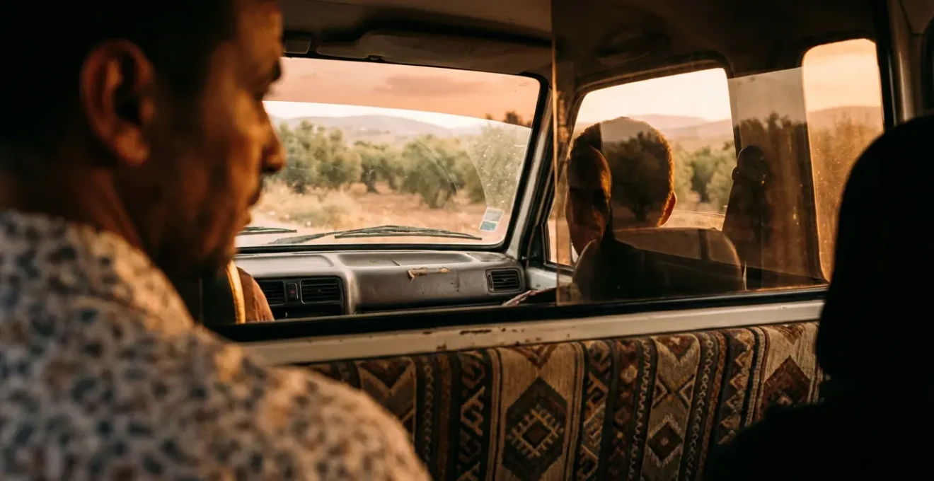 Intérieur d'un louage tunisien avec passagers en route sur les routes de Tunisie
