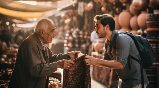 Scène de marché artisanal traditionnel avec négociation entre touriste et artisan