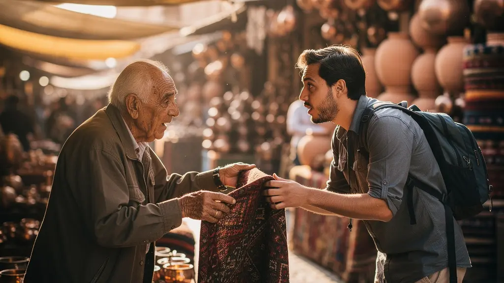Scène de marché artisanal traditionnel avec négociation entre touriste et artisan