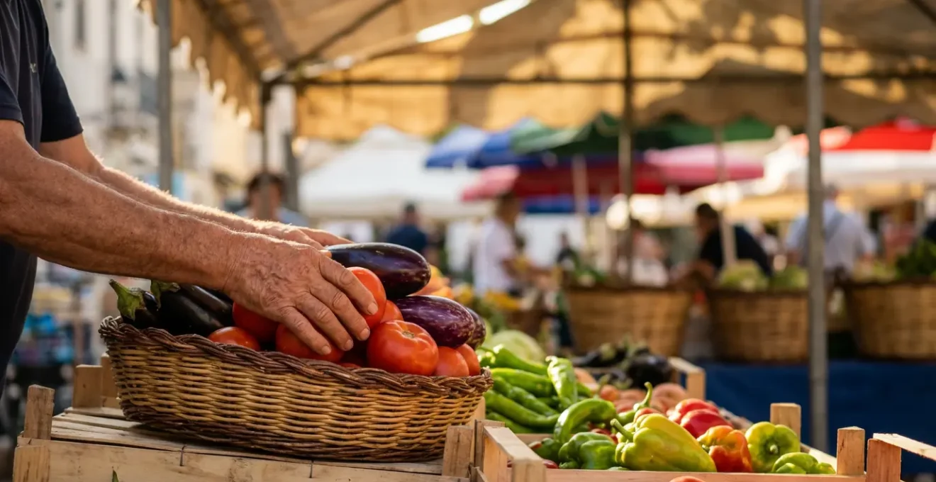 Étalage coloré de légumes et épices sur un marché méditerranéen