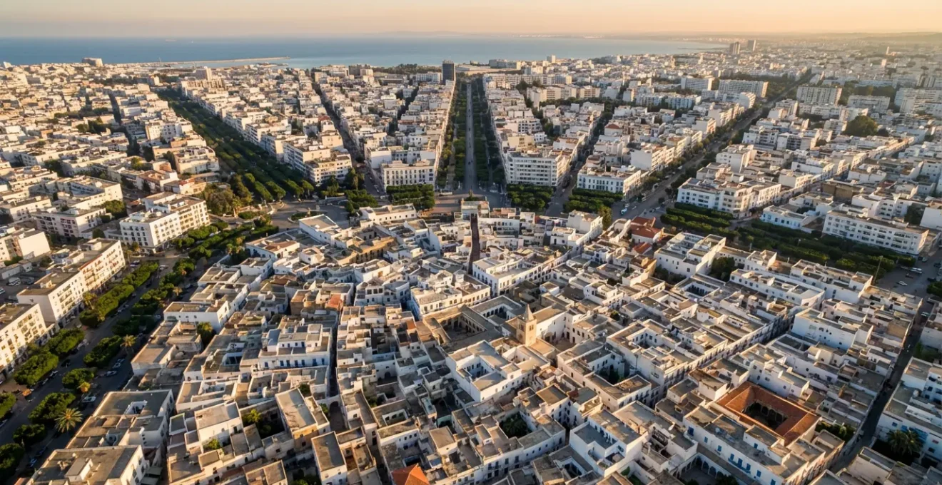 Vue aérienne contrastée entre la médina historique et les quartiers modernes de Tunis
