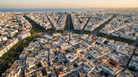 Vue aérienne contrastée entre la médina historique et les quartiers modernes de Tunis