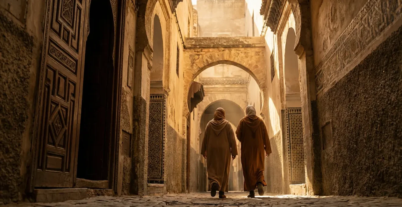 Ruelle étroite de médina tunisienne avec portes cloutées et jeux d'ombres