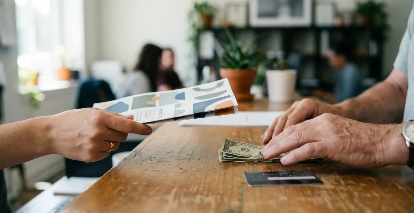 Mains échangeant des documents de location avec billets et carte bancaire flous en arrière-plan