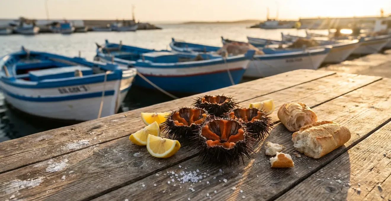Oursins ouverts sur un plateau au port de Bizerte prêts à déguster
