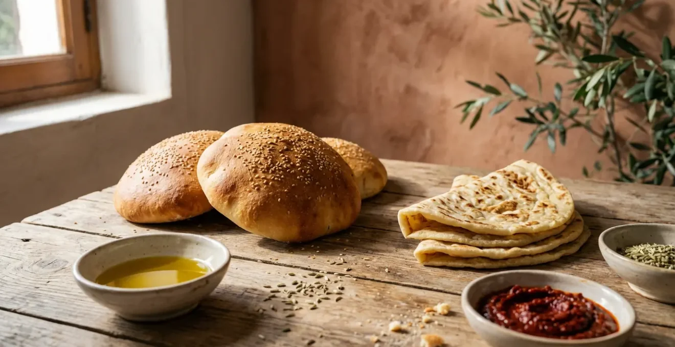 Pains traditionnels tunisiens Tabouna et Mlewi disposés sur une table rustique avec des ingrédients authentiques