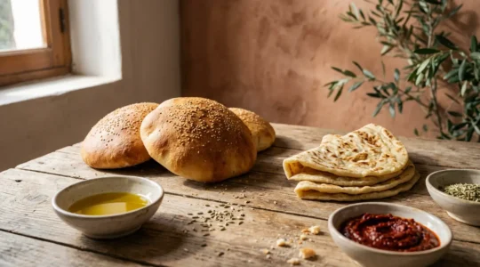 Pains traditionnels tunisiens Tabouna et Mlewi disposés sur une table rustique avec des ingrédients authentiques