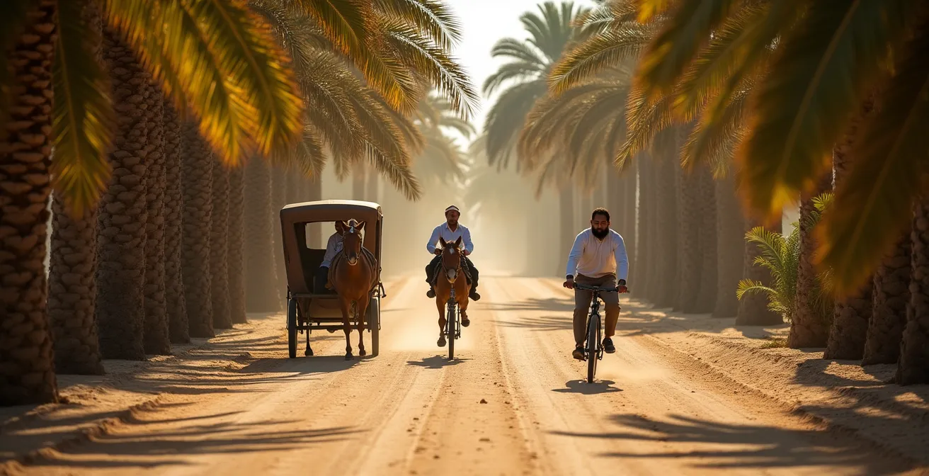 Vue large de la palmeraie de Tozeur avec une calèche traditionnelle et un cycliste sur un chemin ombragé sous les palmiers.