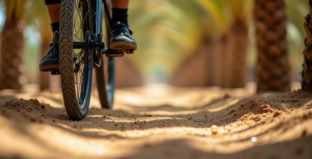 Cycliste sur un sentier ombragé traversant la luxuriante palmeraie de Tozeur, avec jeu de lumière filtrant à travers les palmiers