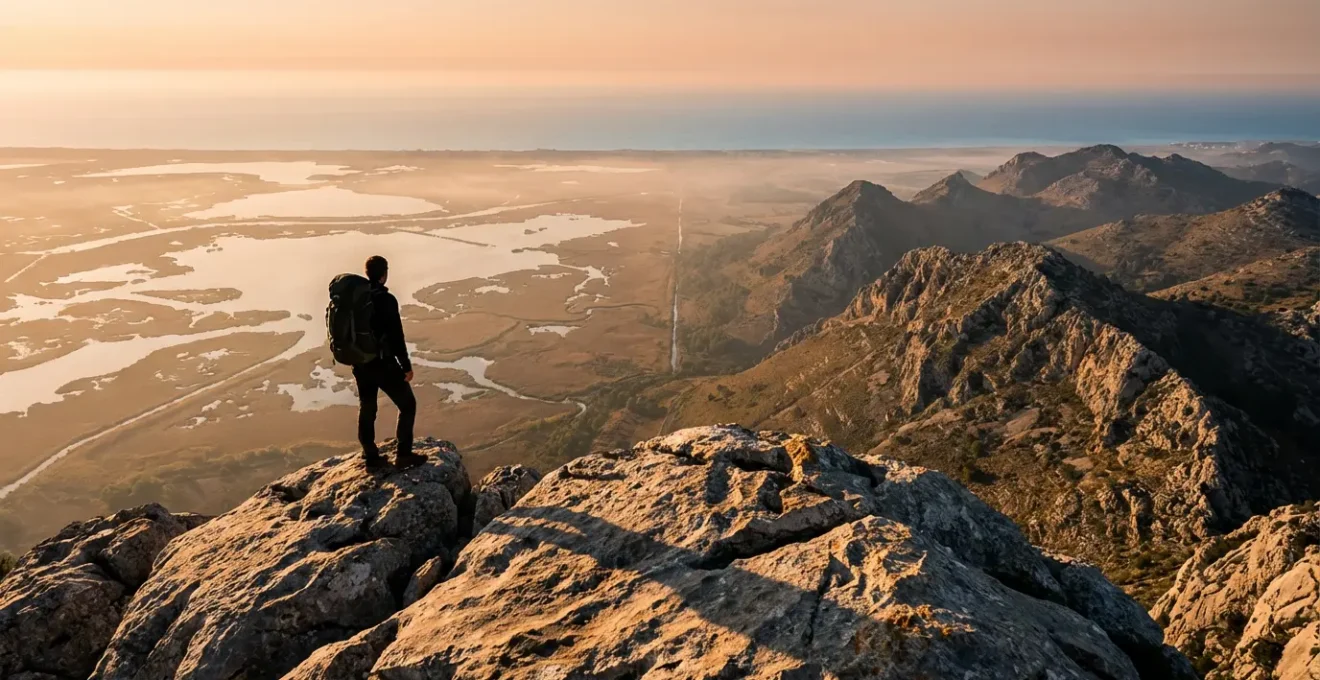 Randonneur contemplant depuis un sommet rocheux avec vue sur deux parcs nationaux tunisiens au lever du soleil