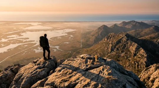 Randonneur contemplant depuis un sommet rocheux avec vue sur deux parcs nationaux tunisiens au lever du soleil
