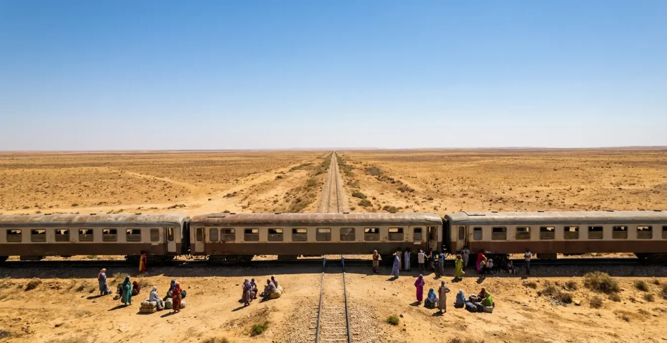 Passagers attendant près d'un train immobilisé en pleine campagne tunisienne
