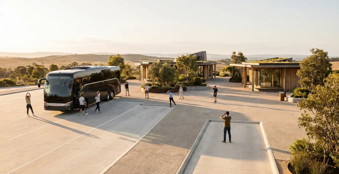 Aire d'autoroute avec bus stationné et voyageurs se détendant