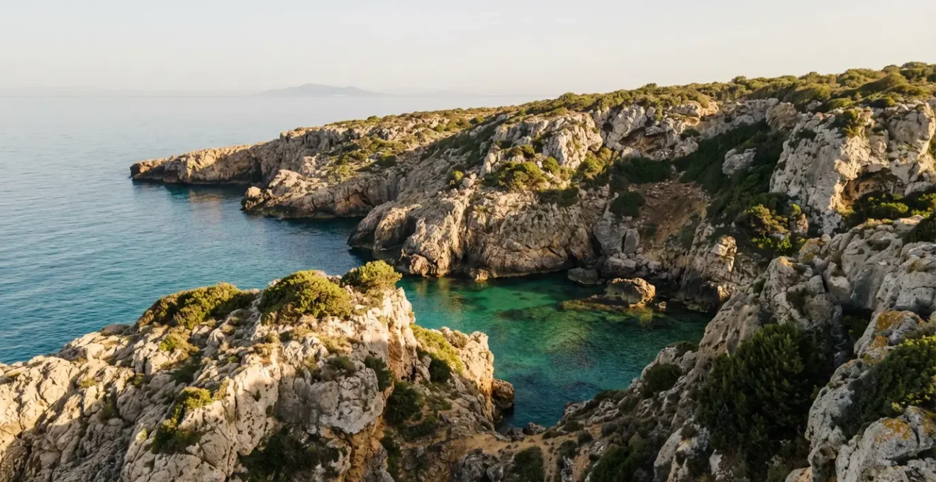 Vue panoramique sur les falaises escarpées de Haouaria avec des criques turquoises en contrebas et la végétation méditerranéenne