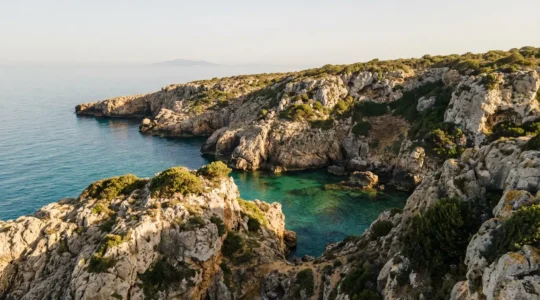 Vue panoramique sur les falaises escarpées de Haouaria avec des criques turquoises en contrebas et la végétation méditerranéenne