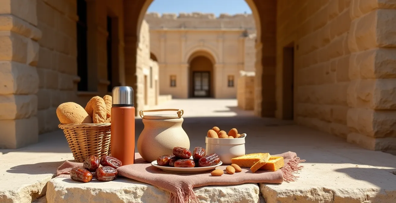 Assortiment de spécialités tunisiennes disposées pour un pique-nique avec dattes, pain et fruits secs