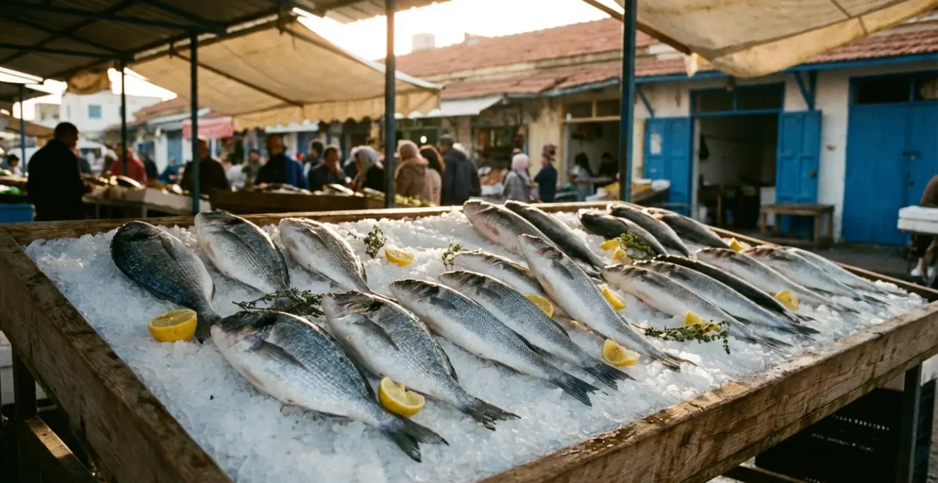 Étalage de poissons frais sur glace au marché de La Goulette avec daurades et loups de mer