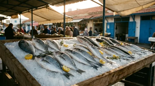 Étalage de poissons frais sur glace au marché de La Goulette avec daurades et loups de mer