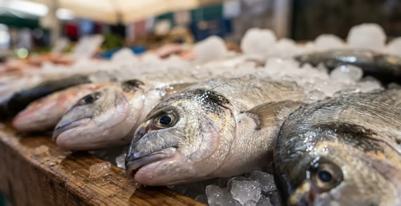 Détail macro de poissons frais sur glace au port de pêche de Sousse