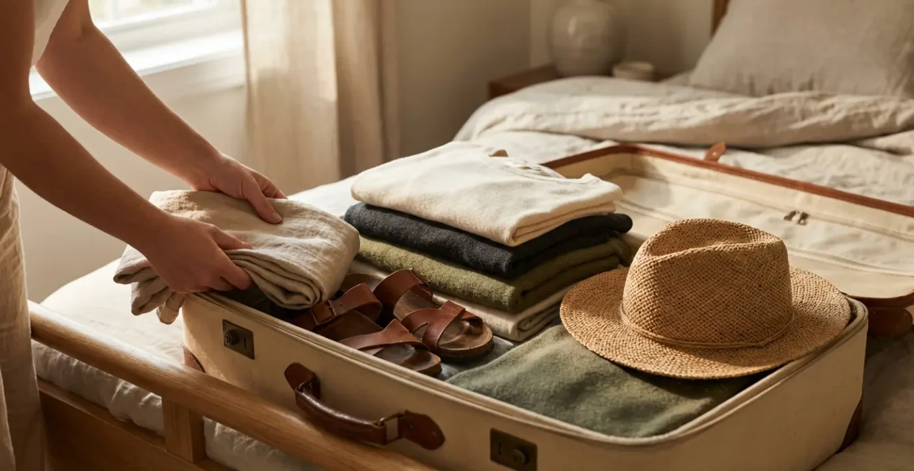 Valise ouverte avec vêtements adaptés pour voyage plage et désert en Tunisie
