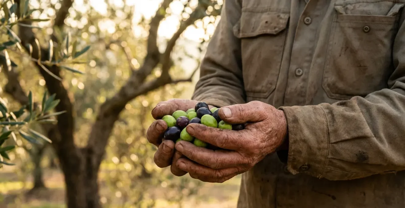 Récolte traditionnelle des olives en Tunisie pendant la saison d'octobre