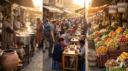 Scène animée d'un marché de rue avec des étals de cuisine locale et des voyageurs dégustant des spécialités