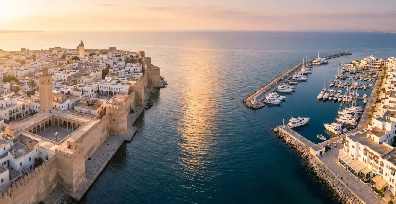 Vue panoramique de la médina de Sousse et de la marina de Port El Kantaoui au coucher du soleil