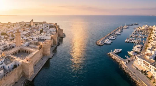 Vue panoramique de la médina de Sousse et de la marina de Port El Kantaoui au coucher du soleil