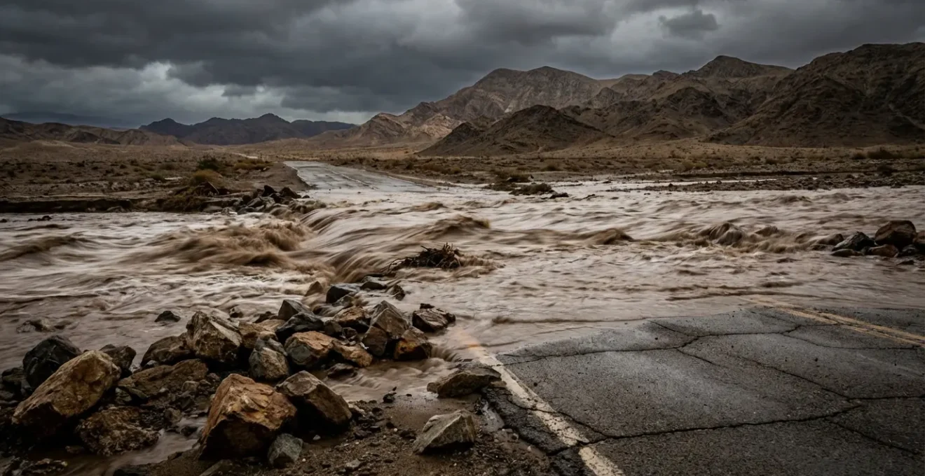 Route traversée par un oued en crue après une pluie dans le sud tunisien