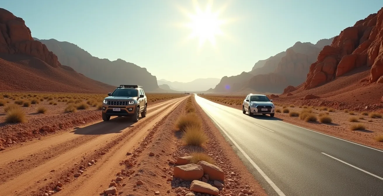 Comparaison entre une piste caillouteuse du désert où roule un 4x4 et une route goudronnée avec une voiture citadine.