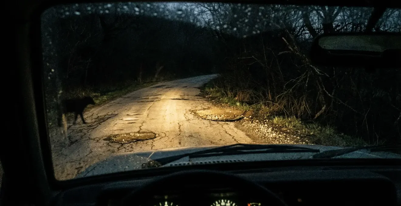 Route secondaire de nuit éclairée par des phares révélant les dangers cachés