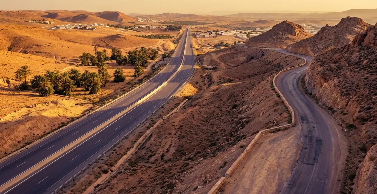Route serpentant à travers les paysages désertiques tunisiens au coucher du soleil