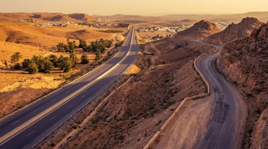Route serpentant à travers les paysages désertiques tunisiens au coucher du soleil