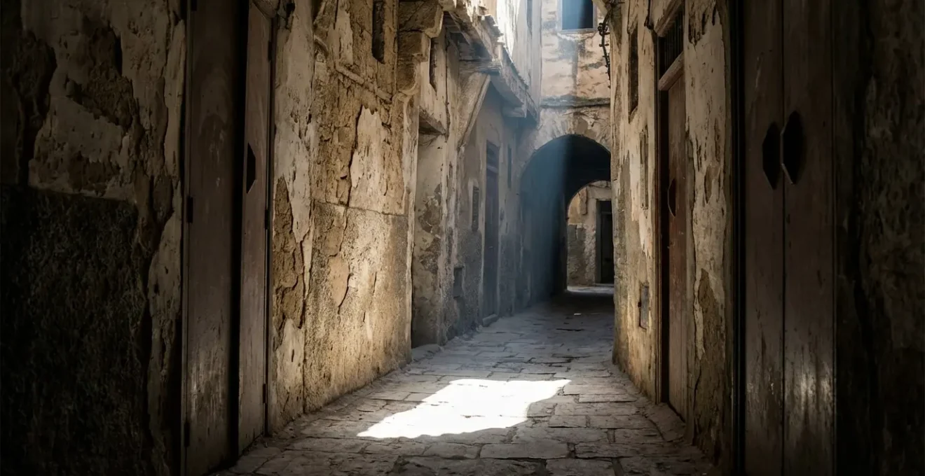 Perspective d'une ruelle étroite de la médina avec jeux d'ombres et de lumière