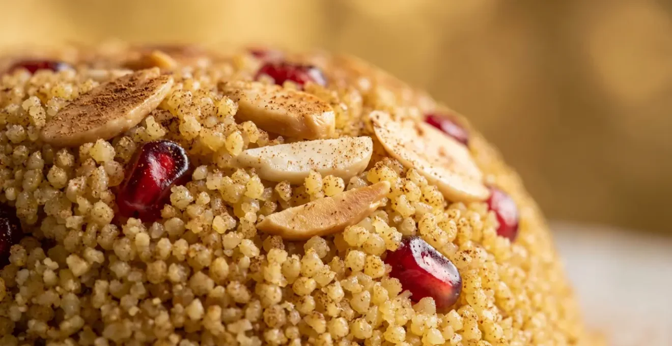 Couscous sucré Seffa avec cannelle, amandes et graines de grenade dans un plat traditionnel