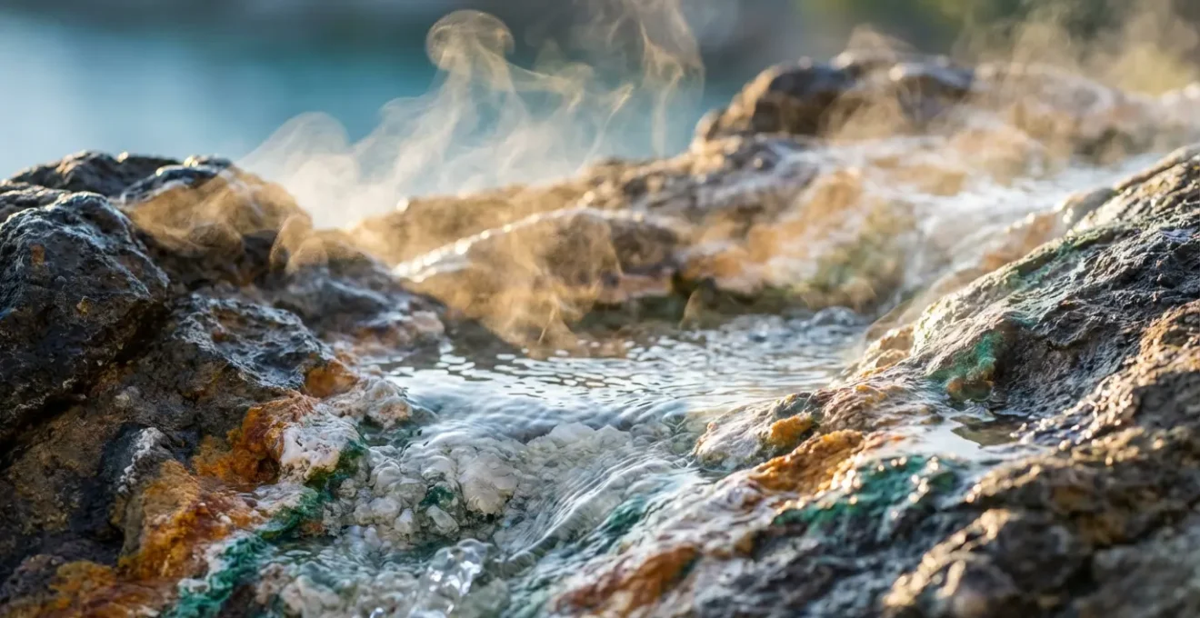 Bassins naturels d'eau thermale fumante nichés entre les rochers avec vue sur la mer Méditerranée
