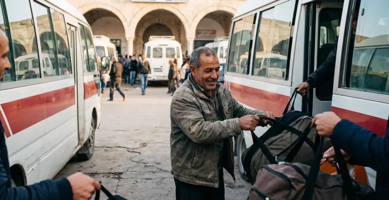 Station de louages de Gabès avec minibus blancs à bande rouge alignés