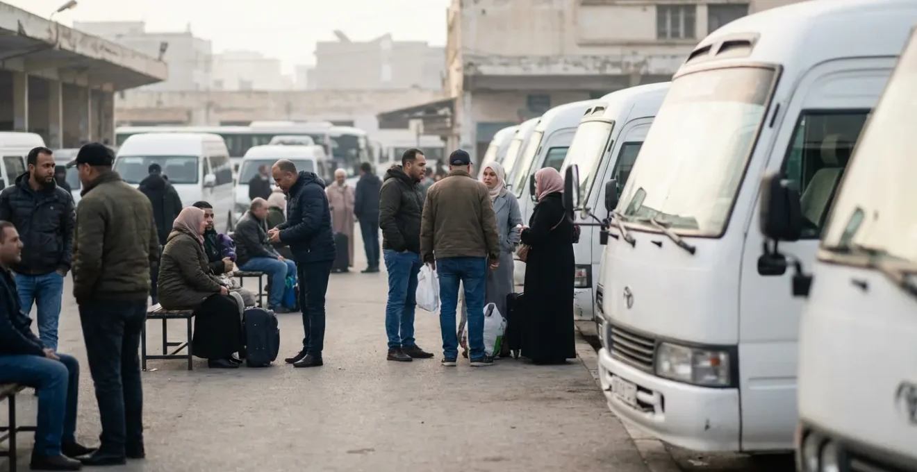 Minibus blancs alignés dans une station de louage avec passagers en attente