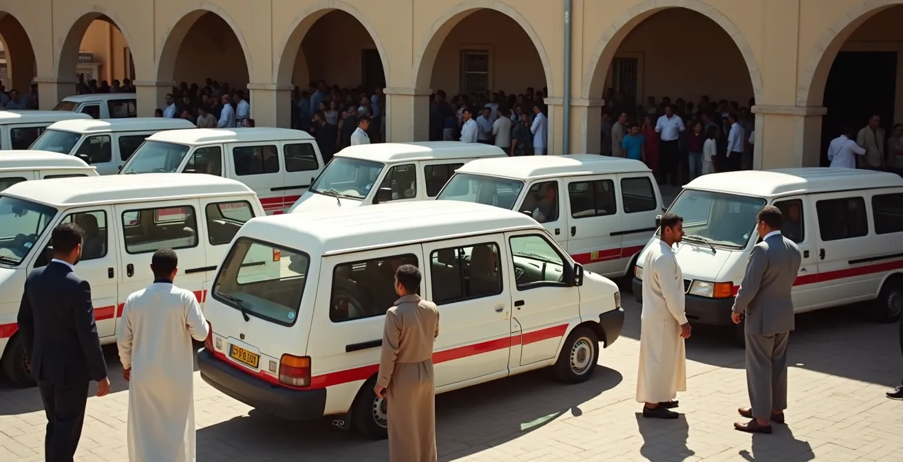 Station de louages avec véhicules blancs à bande rouge caractéristiques garés en file